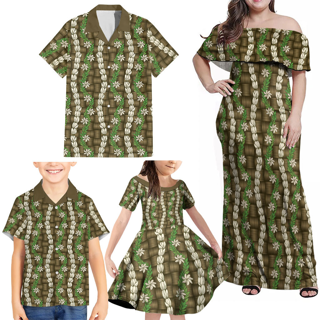 Pikake Maile Tiare Lei Family Matching Off Shoulder Maxi Dress and Hawaiian Shirt Natural Lauhala Pattern