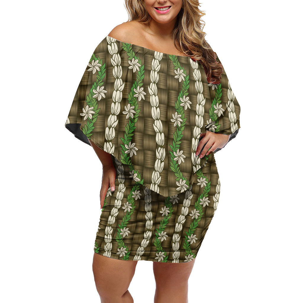 Pikake Maile Tiare Lei Family Matching Off Shoulder Short Dress and Hawaiian Shirt Natural Lauhala Pattern
