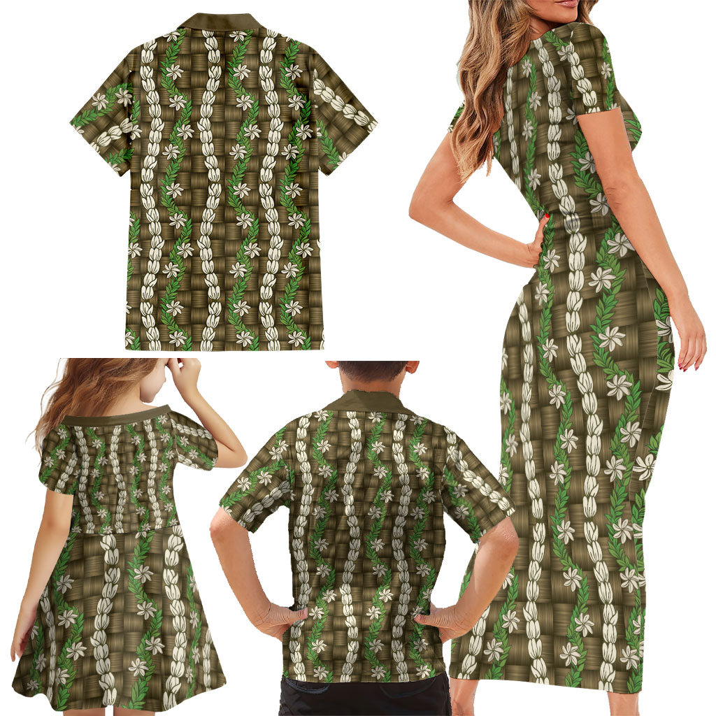 Pikake Maile Tiare Lei Family Matching Short Sleeve Bodycon Dress and Hawaiian Shirt Natural Lauhala Pattern