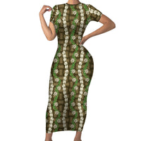 Pikake Maile Tiare Lei Family Matching Short Sleeve Bodycon Dress and Hawaiian Shirt Natural Lauhala Pattern