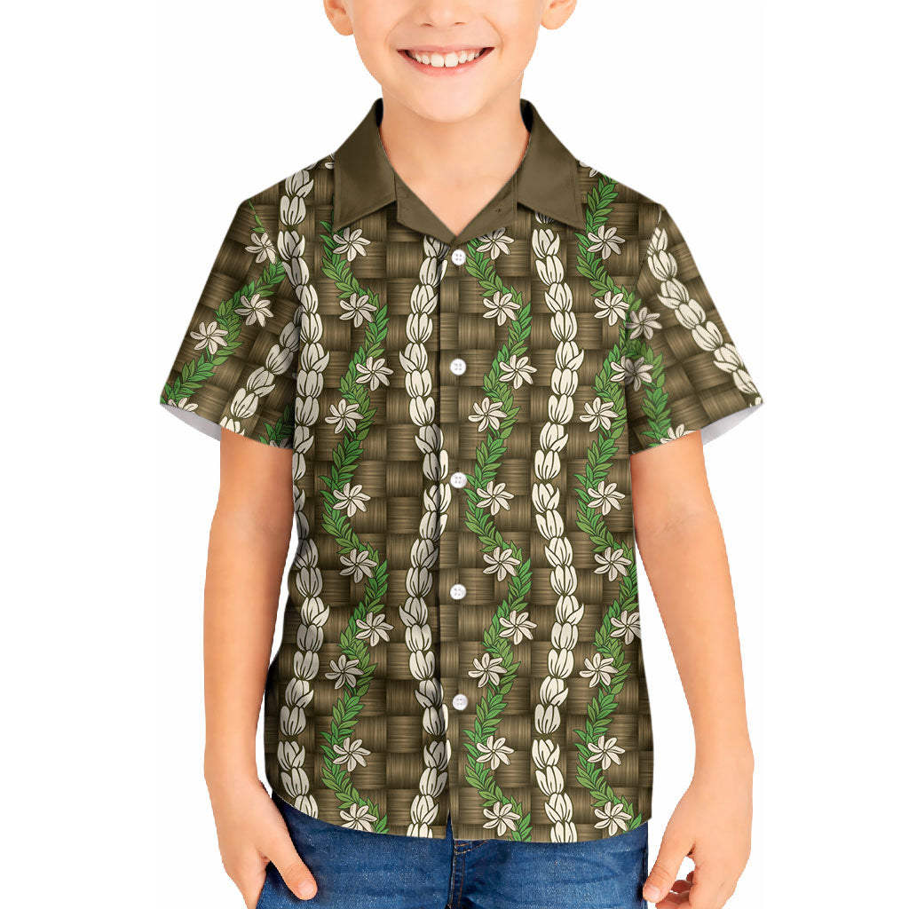 Pikake Maile Tiare Lei Kid Hawaiian Shirt Natural Lauhala Pattern LT01 Kid Brown - Polynesian Pride