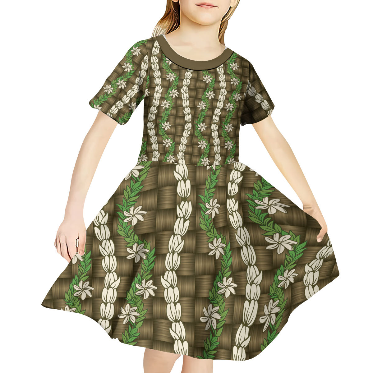 Pikake Maile Tiare Lei Kid Short Sleeve Dress Natural Lauhala Pattern