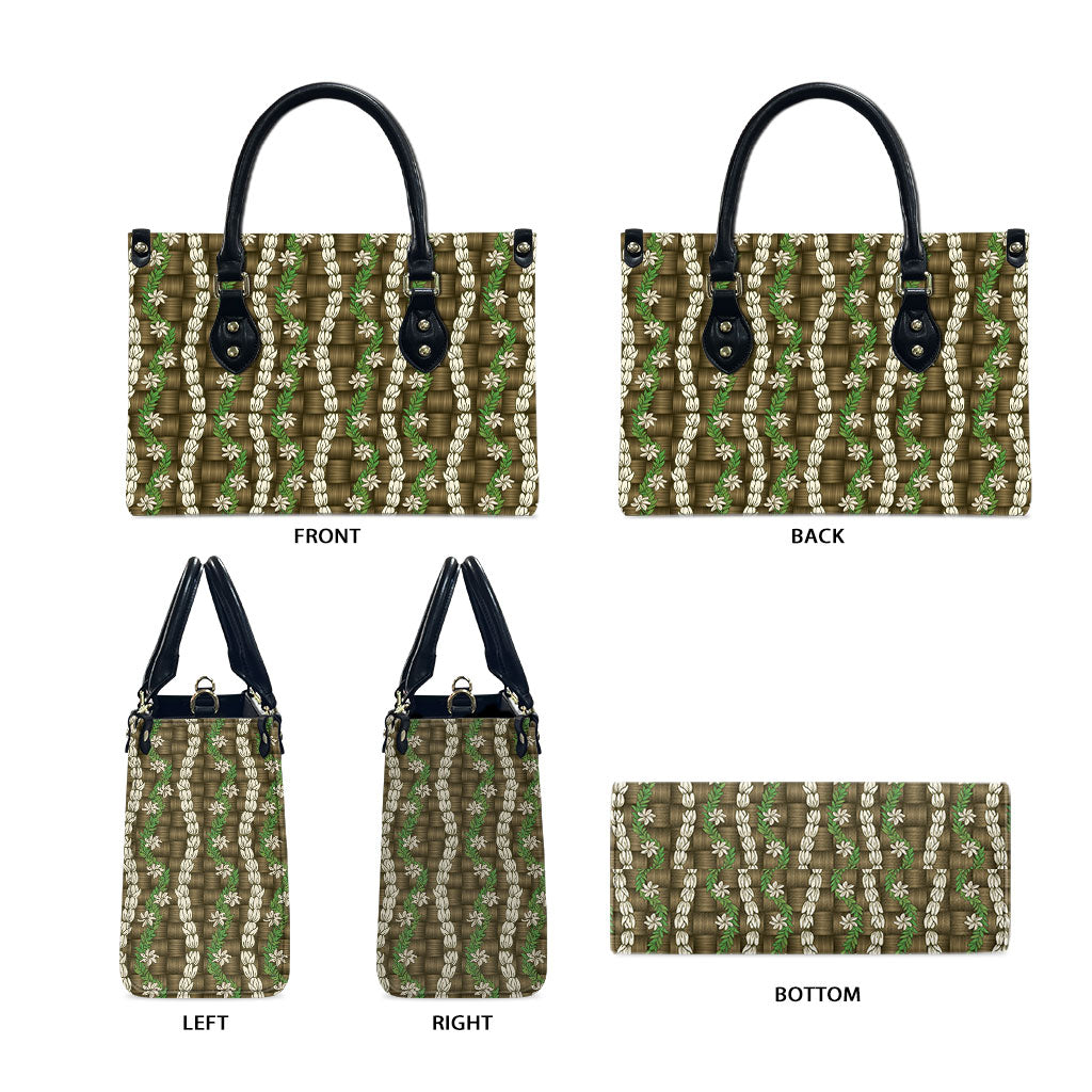 Pikake Maile Tiare Lei Leather Bag Natural Lauhala Pattern