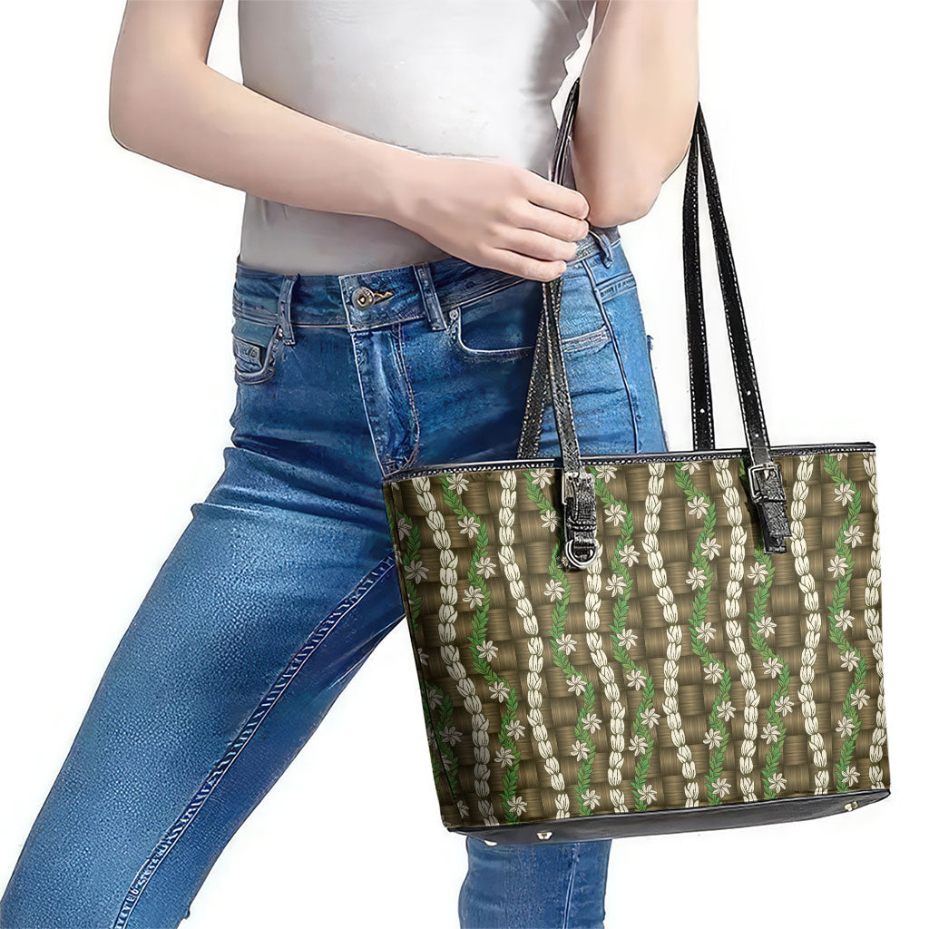 Pikake Maile Tiare Lei Leather Tote Bag Natural Lauhala Pattern