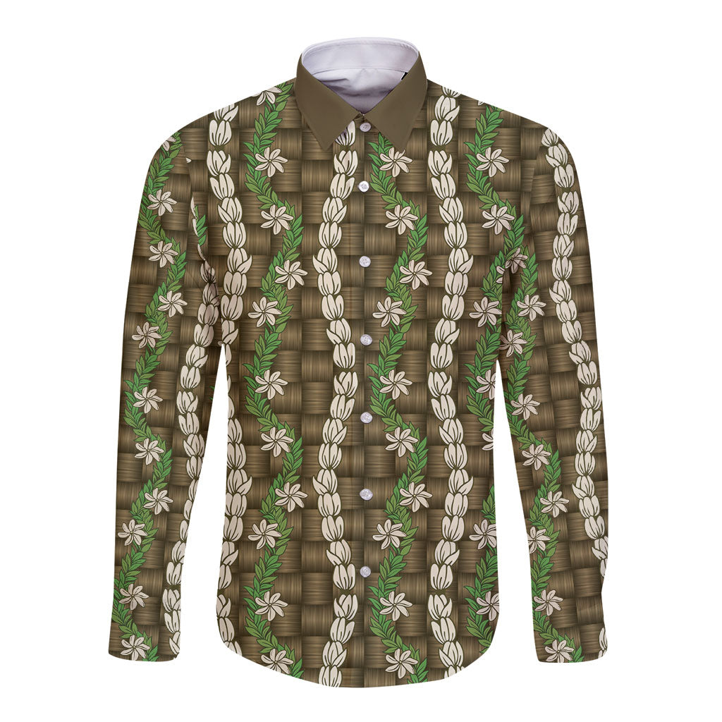 Pikake Maile Tiare Lei Long Sleeve Button Shirt Natural Lauhala Pattern