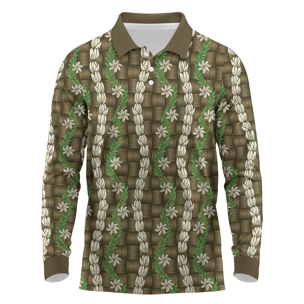 Pikake Maile Tiare Lei Long Sleeve Polo Shirt Natural Lauhala Pattern LT01 Brown - Polynesian Pride