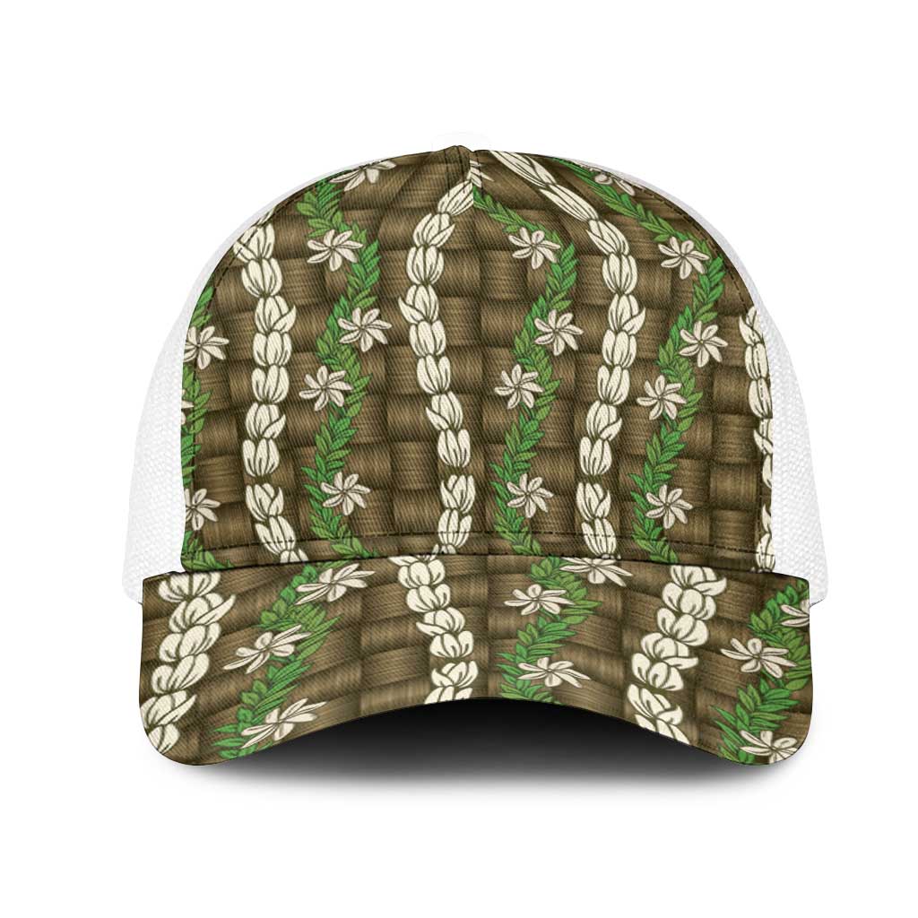 Pikake Maile Tiare Lei Mesh Trucker Cap Natural Lauhala Pattern