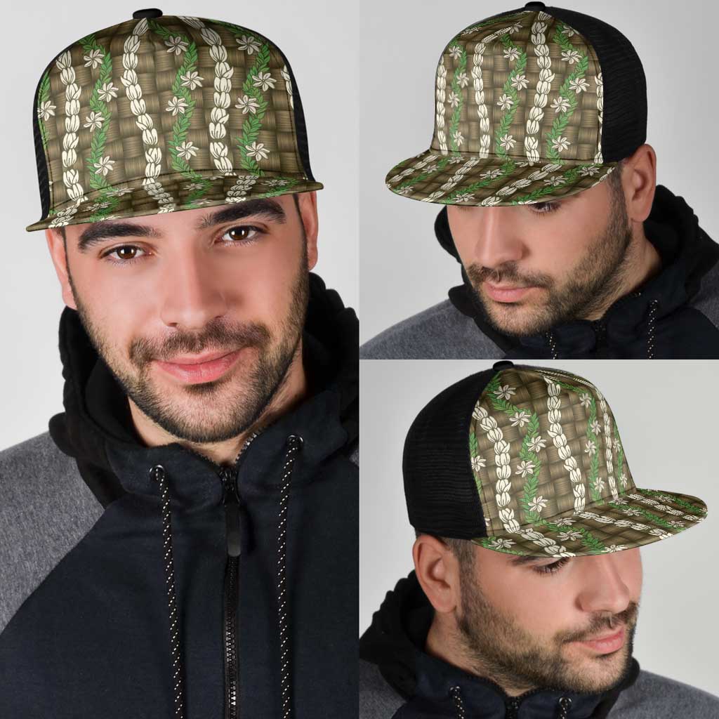 Pikake Maile Tiare Lei Mesh Trucker Cap Natural Lauhala Pattern