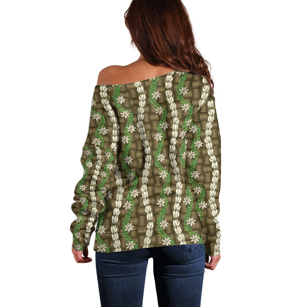 Pikake Maile Tiare Lei Off Shoulder Sweater Natural Lauhala Pattern