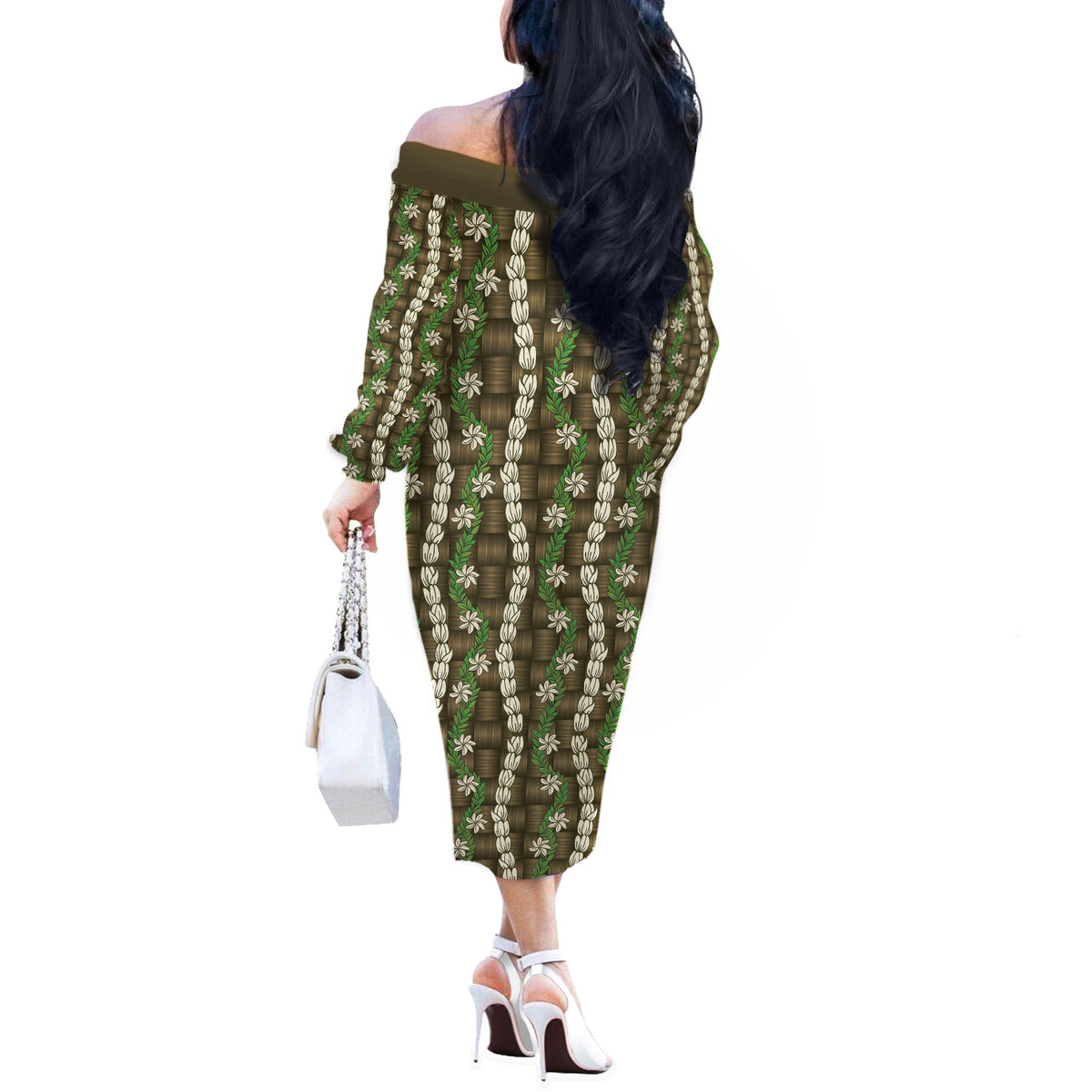 Pikake Maile Tiare Lei Off The Shoulder Long Sleeve Dress Natural Lauhala Pattern