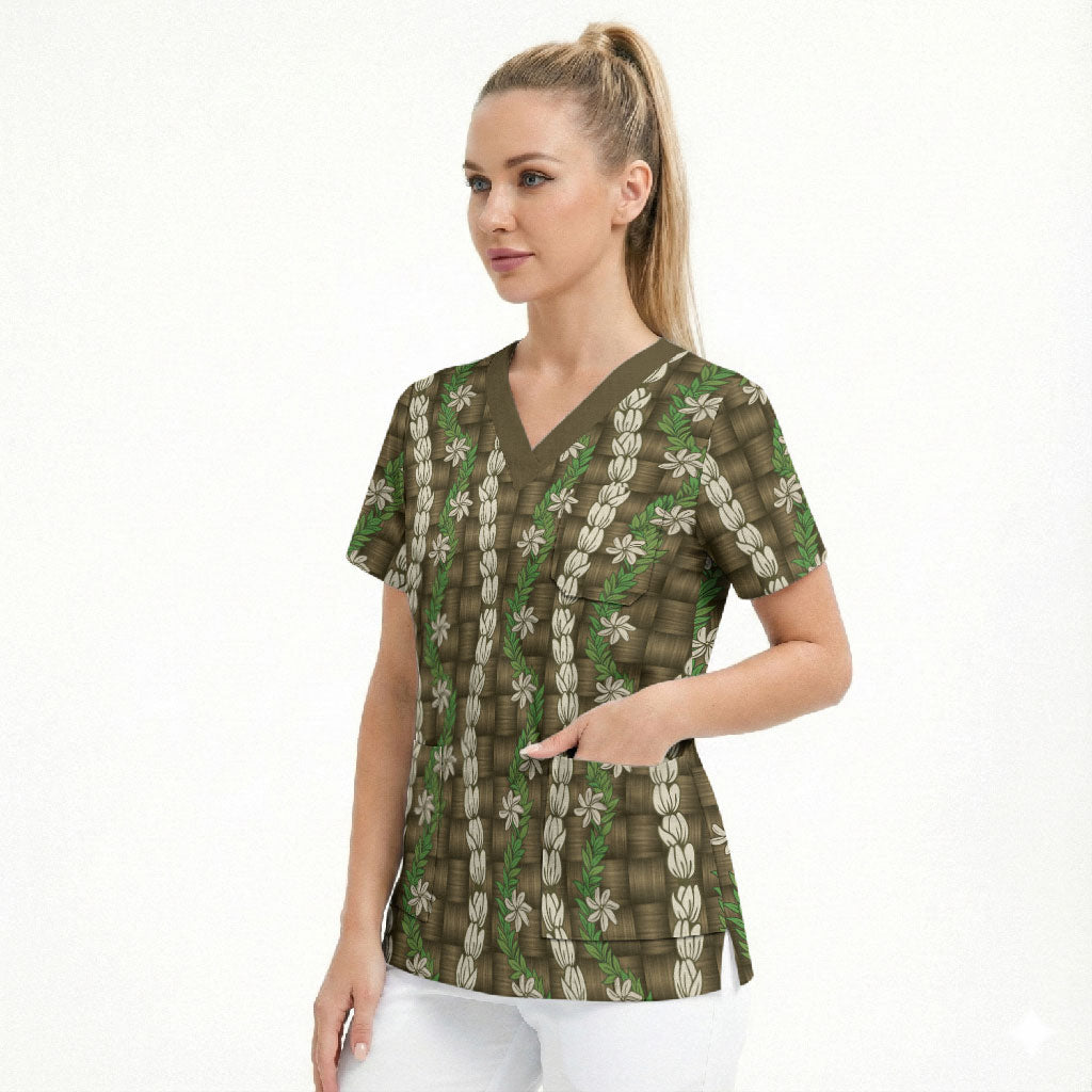 Pikake Maile Tiare Lei Scrub Top Natural Lauhala Pattern