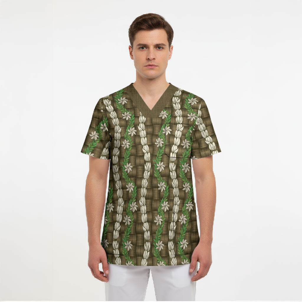 Pikake Maile Tiare Lei Scrub Top Natural Lauhala Pattern