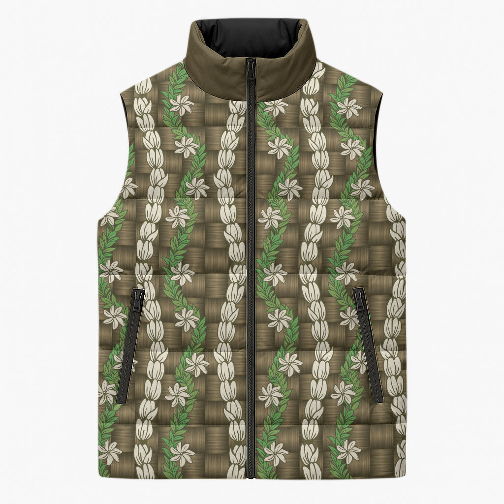 Pikake Maile Tiare Lei Sleeveless Puffer Jacket Natural Lauhala Pattern