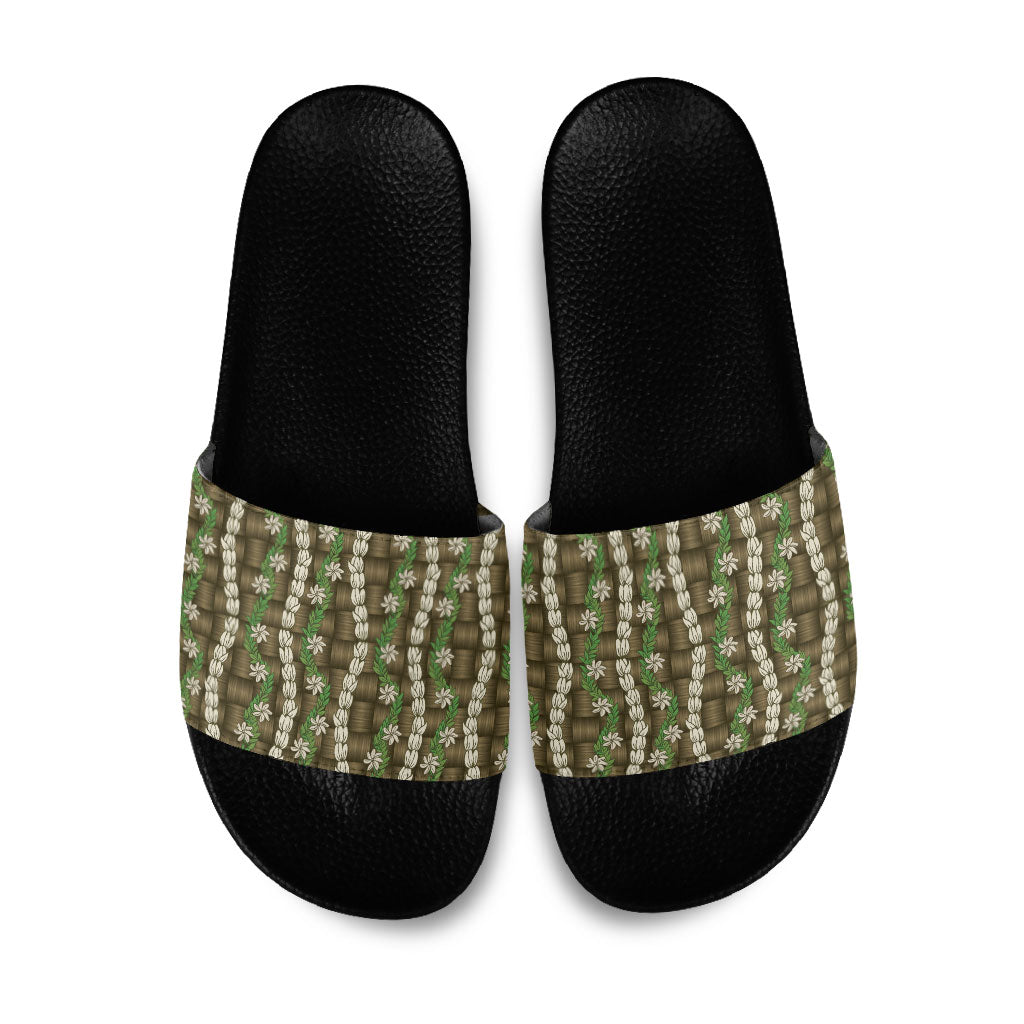 Pikake Maile Tiare Lei Slide Sandals Natural Lauhala Pattern