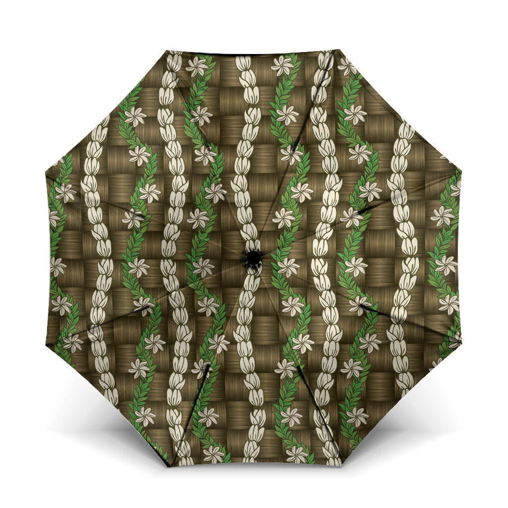 Pikake Maile Tiare Lei Umbrella Natural Lauhala Pattern