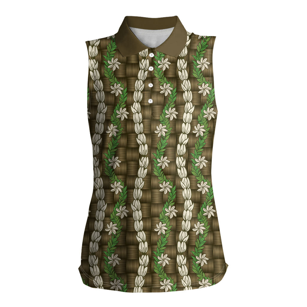 Pikake Maile Tiare Lei Women Sleeveless Polo Shirt Natural Lauhala Pattern