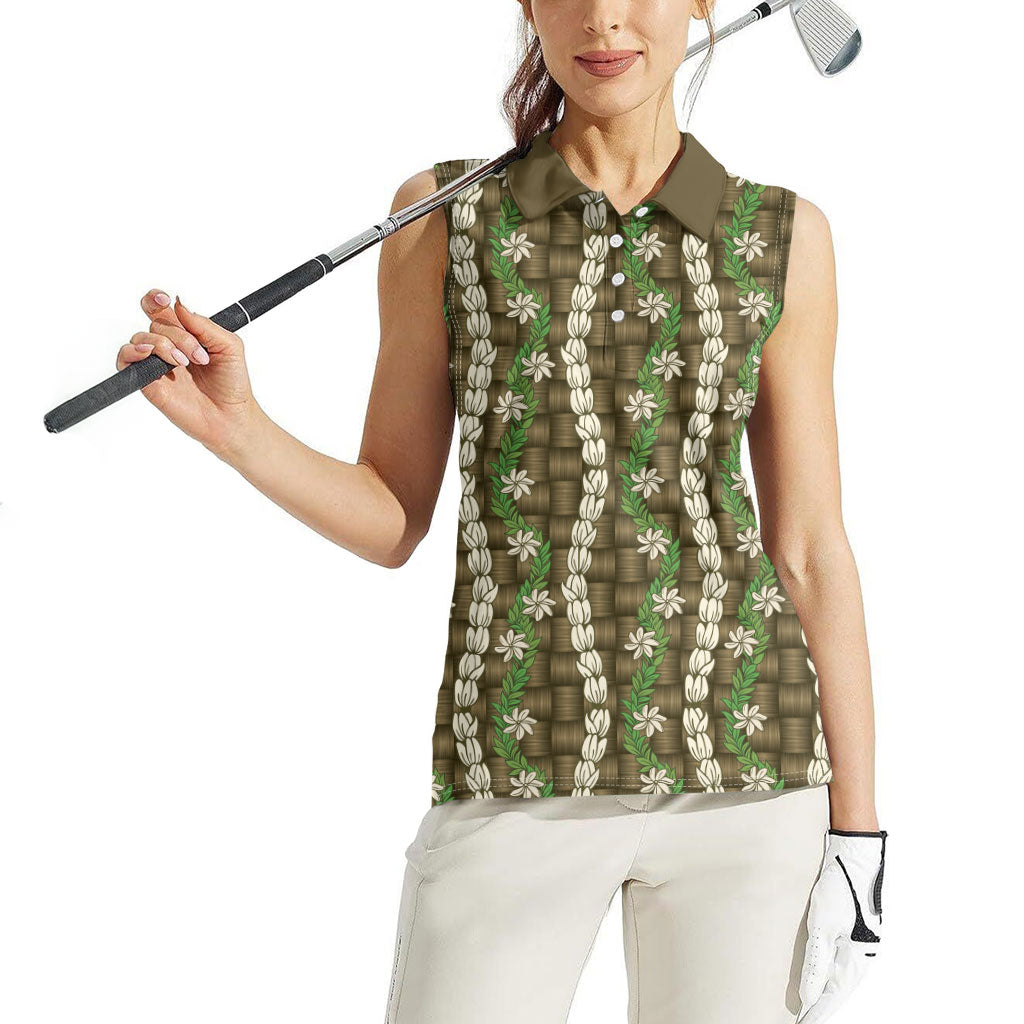 Pikake Maile Tiare Lei Women Sleeveless Polo Shirt Natural Lauhala Pattern