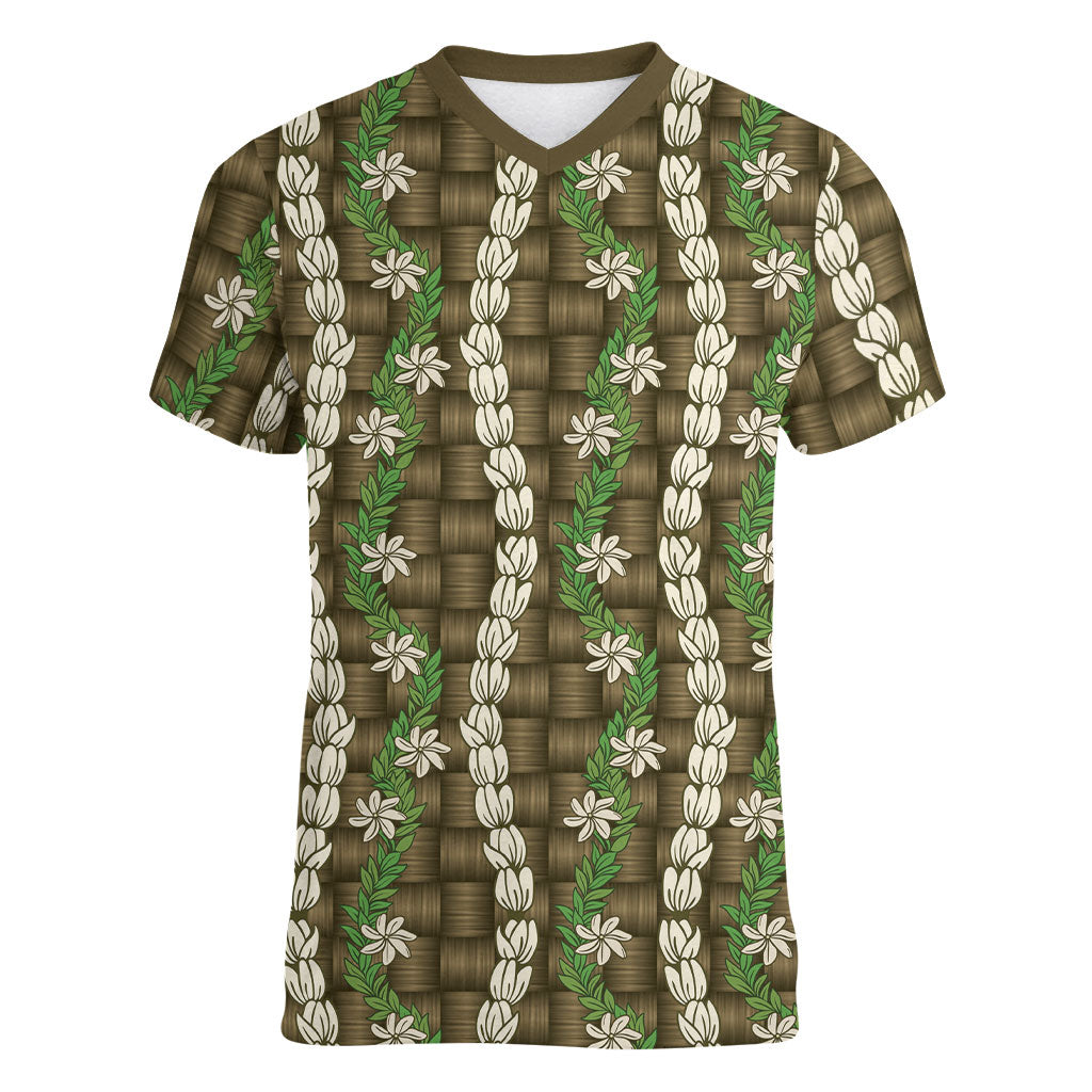 Pikake Maile Tiare Lei Women V-Neck T-Shirt Natural Lauhala Pattern