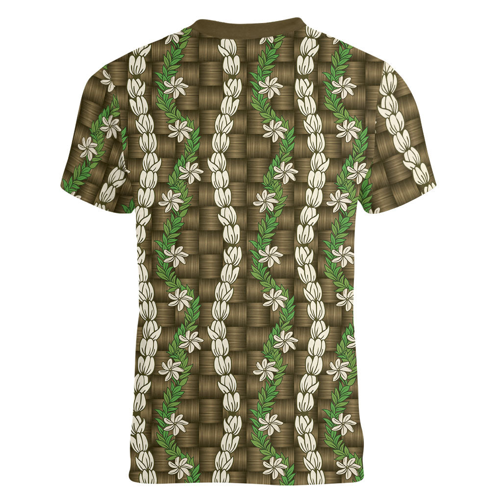 Pikake Maile Tiare Lei Women V-Neck T-Shirt Natural Lauhala Pattern