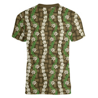 Pikake Maile Tiare Lei Women V-Neck T-Shirt Natural Lauhala Pattern