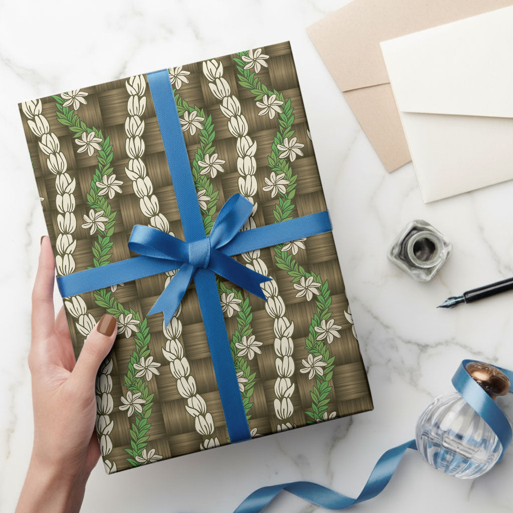 Pikake Maile Tiare Lei Wrapping Paper Natural Lauhala Pattern