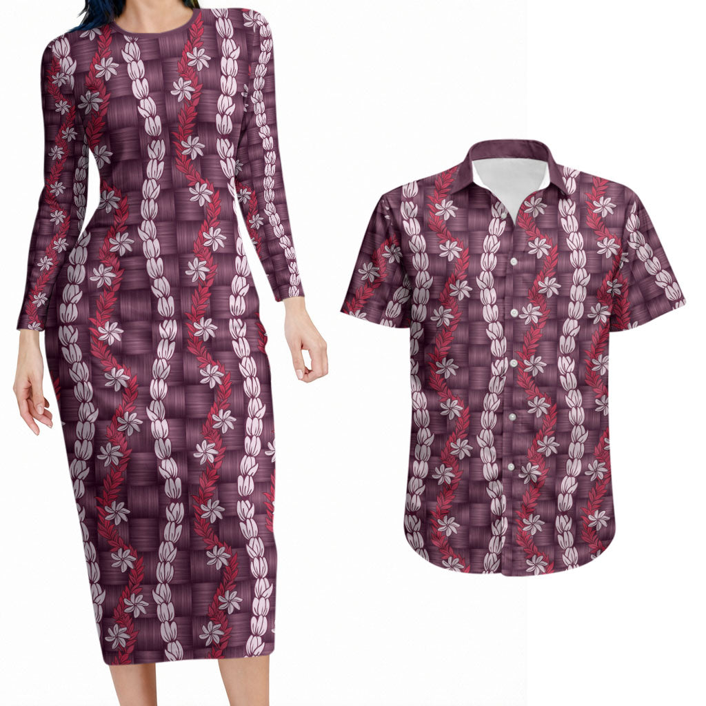 Pikake Maile Tiare Lei Couples Matching Long Sleeve Bodycon Dress and Hawaiian Shirt Akala Lauhala Pattern LT01 Pink - Polynesian Pride