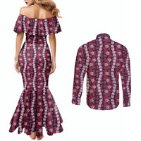 Pikake Maile Tiare Lei Couples Matching Mermaid Dress and Long Sleeve Button Shirt Akala Lauhala Pattern