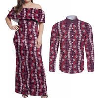 Pikake Maile Tiare Lei Couples Matching Off Shoulder Maxi Dress and Long Sleeve Button Shirt Akala Lauhala Pattern
