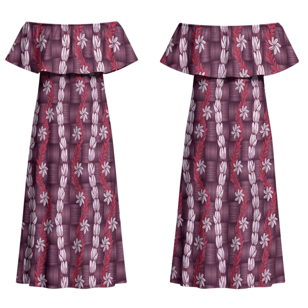 Pikake Maile Tiare Lei Couples Matching Off Shoulder Maxi Dress and Long Sleeve Button Shirt Akala Lauhala Pattern LT01 - Polynesian Pride
