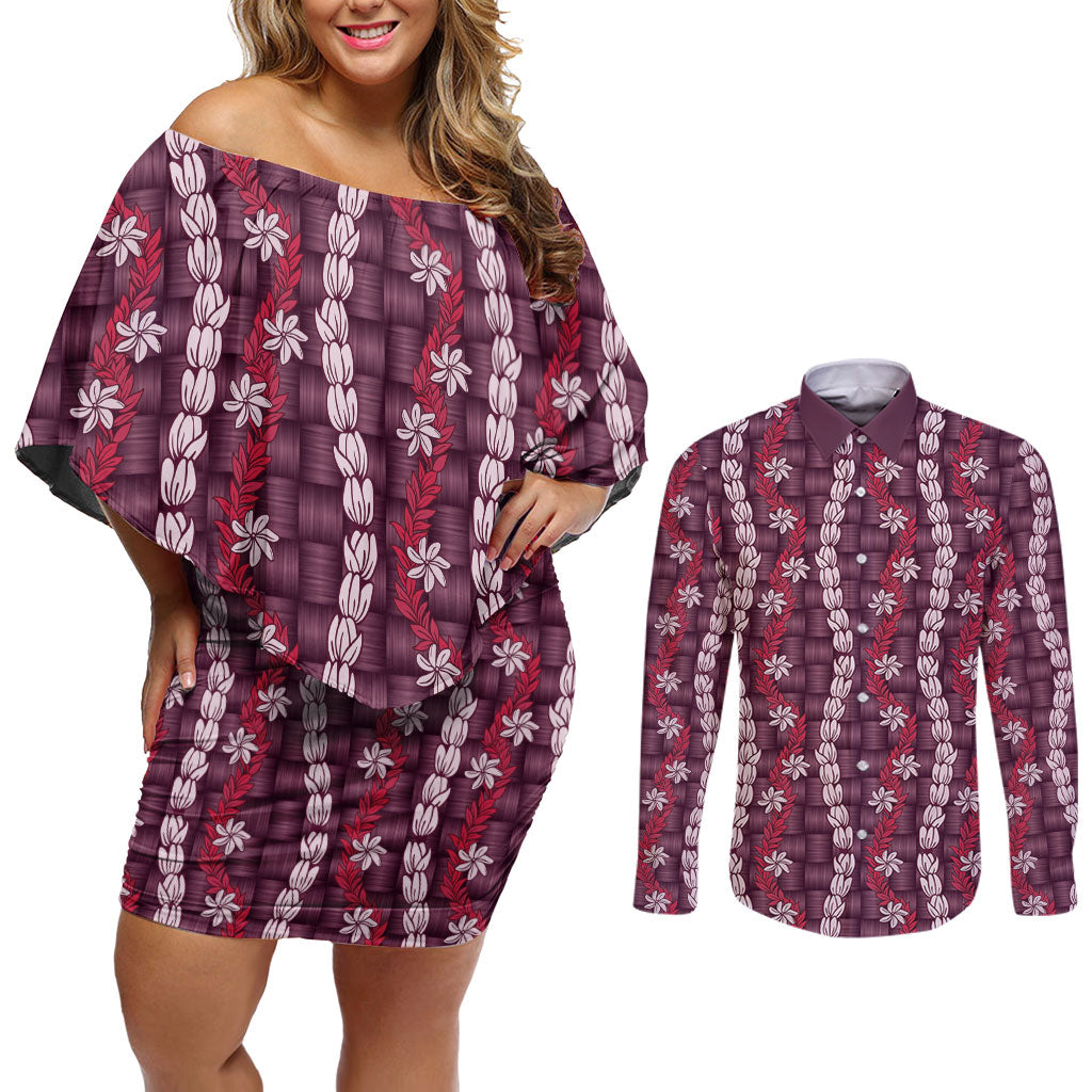 Pikake Maile Tiare Lei Couples Matching Off Shoulder Short Dress and Long Sleeve Button Shirt Akala Lauhala Pattern