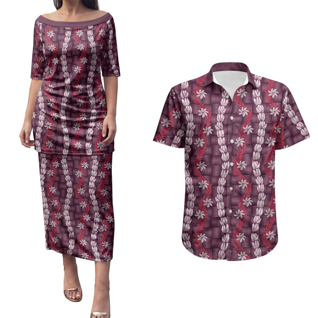 Pikake Maile Tiare Lei Couples Matching Puletasi and Hawaiian Shirt Akala Lauhala Pattern LT01 Pink - Polynesian Pride
