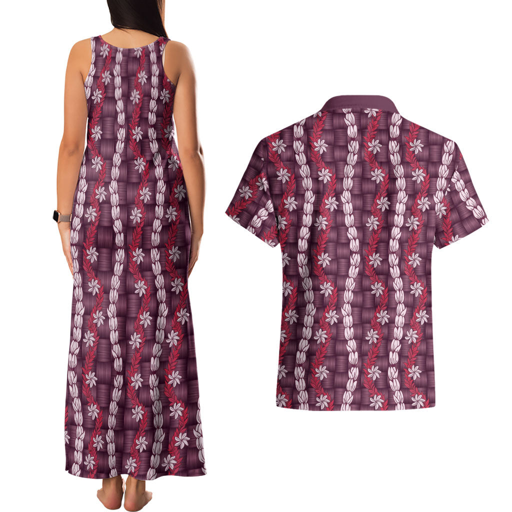 Pikake Maile Tiare Lei Couples Matching Tank Maxi Dress and Hawaiian Shirt Akala Lauhala Pattern
