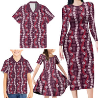 Pikake Maile Tiare Lei Family Matching Long Sleeve Bodycon Dress and Hawaiian Shirt Akala Lauhala Pattern