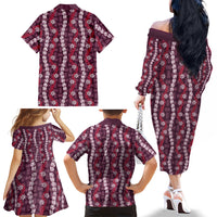 Pikake Maile Tiare Lei Family Matching Off The Shoulder Long Sleeve Dress and Hawaiian Shirt Akala Lauhala Pattern
