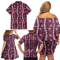 Pikake Maile Tiare Lei Family Matching Off Shoulder Short Dress and Hawaiian Shirt Akala Lauhala Pattern