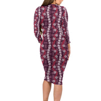 Pikake Maile Tiare Lei Long Sleeve Bodycon Dress Akala Lauhala Pattern