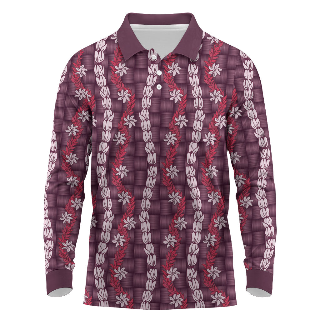 Pikake Maile Tiare Lei Long Sleeve Polo Shirt Akala Lauhala Pattern LT01 Pink - Polynesian Pride