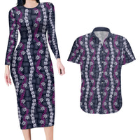 Pikake Maile Tiare Lei Couples Matching Long Sleeve Bodycon Dress and Hawaiian Shirt Poni Lauhala Pattern