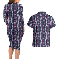 Pikake Maile Tiare Lei Couples Matching Long Sleeve Bodycon Dress and Hawaiian Shirt Poni Lauhala Pattern