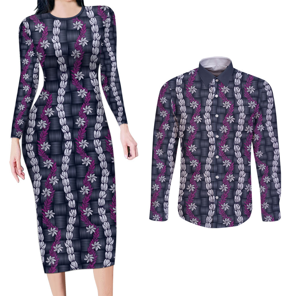 Pikake Maile Tiare Lei Couples Matching Long Sleeve Bodycon Dress and Long Sleeve Button Shirt Poni Lauhala Pattern