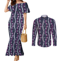 Pikake Maile Tiare Lei Couples Matching Mermaid Dress and Long Sleeve Button Shirt Poni Lauhala Pattern