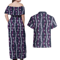 Pikake Maile Tiare Lei Couples Matching Off Shoulder Maxi Dress and Hawaiian Shirt Poni Lauhala Pattern