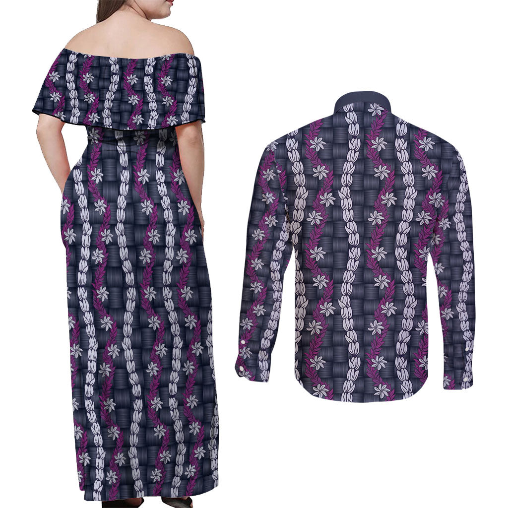 Pikake Maile Tiare Lei Couples Matching Off Shoulder Maxi Dress and Long Sleeve Button Shirt Poni Lauhala Pattern