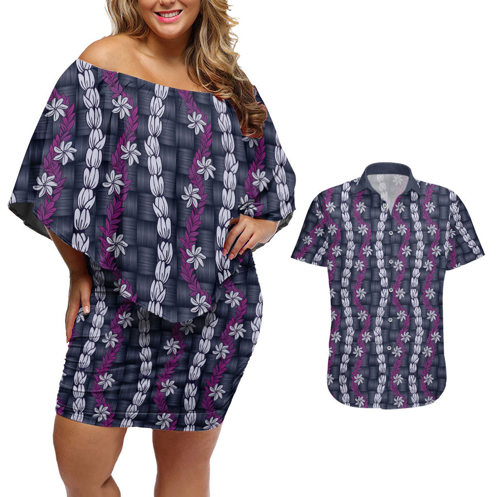 Pikake Maile Tiare Lei Couples Matching Off Shoulder Short Dress and Hawaiian Shirt Poni Lauhala Pattern