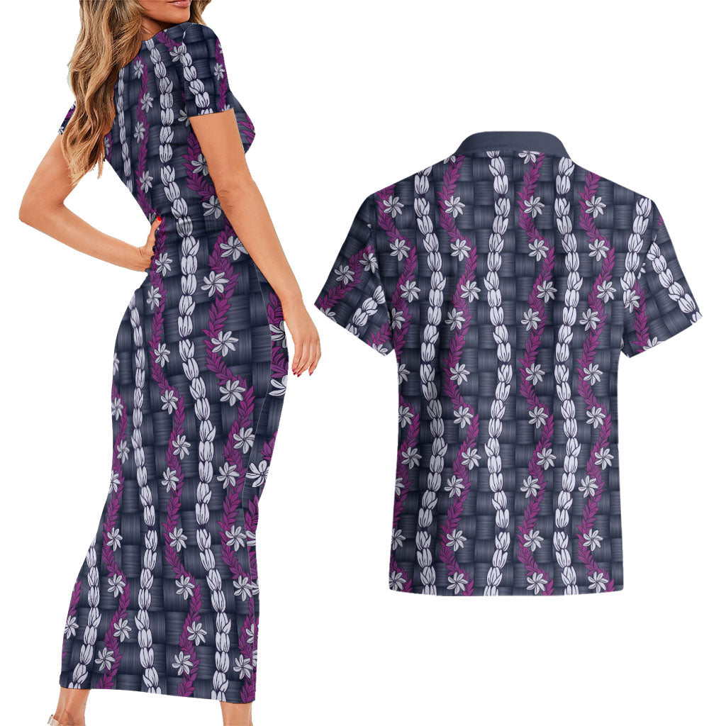 Pikake Maile Tiare Lei Couples Matching Short Sleeve Bodycon Dress and Hawaiian Shirt Poni Lauhala Pattern