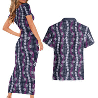 Pikake Maile Tiare Lei Couples Matching Short Sleeve Bodycon Dress and Hawaiian Shirt Poni Lauhala Pattern