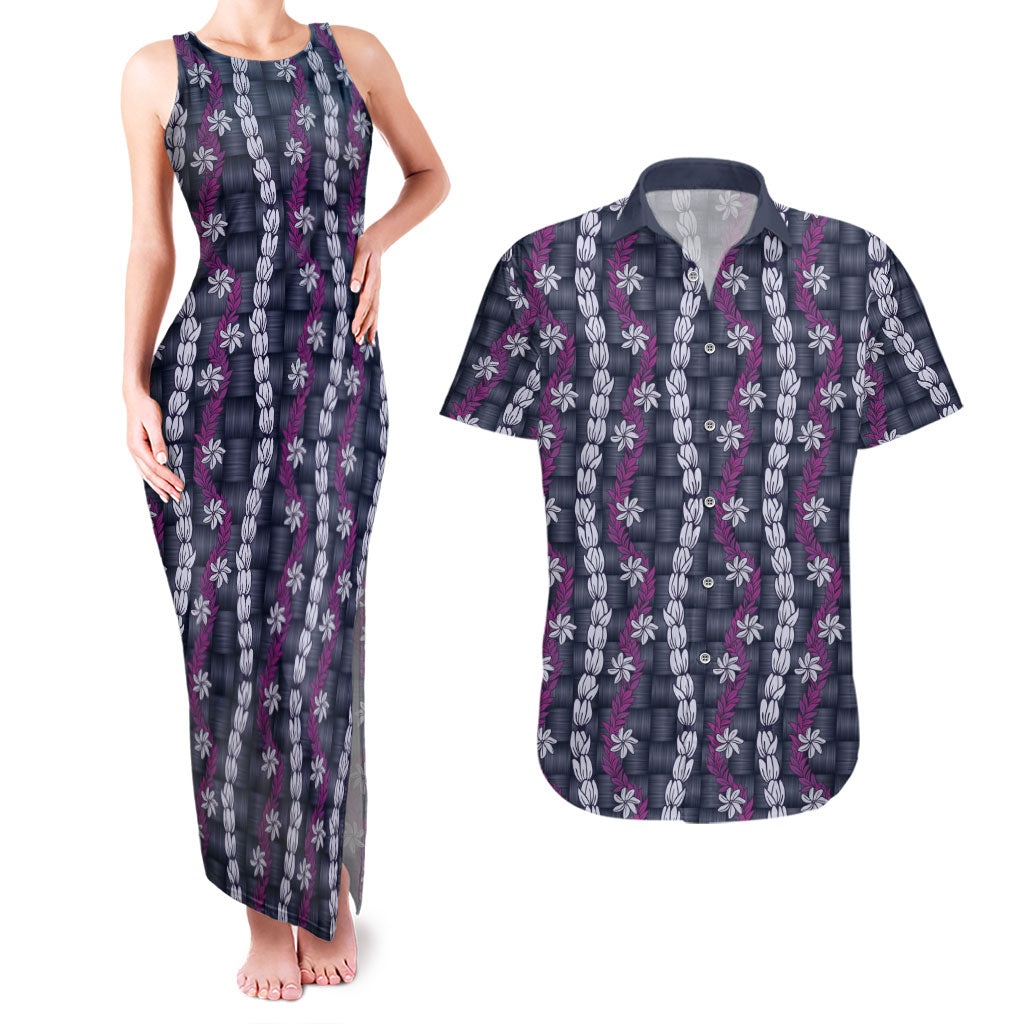 Pikake Maile Tiare Lei Couples Matching Tank Maxi Dress and Hawaiian Shirt Poni Lauhala Pattern