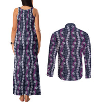Pikake Maile Tiare Lei Couples Matching Tank Maxi Dress and Long Sleeve Button Shirt Poni Lauhala Pattern