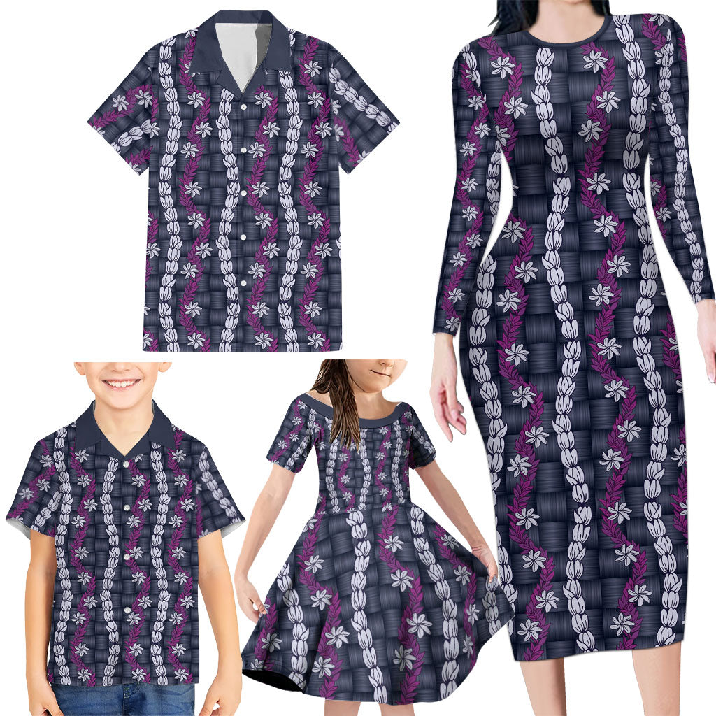 Pikake Maile Tiare Lei Family Matching Long Sleeve Bodycon Dress and Hawaiian Shirt Poni Lauhala Pattern