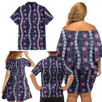 Pikake Maile Tiare Lei Family Matching Off Shoulder Short Dress and Hawaiian Shirt Poni Lauhala Pattern